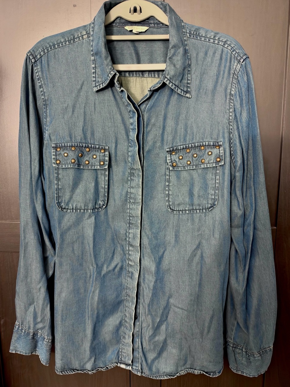 Cato ~ Medium Blue Denim Button-Down Shirt with Studded Pockets - L